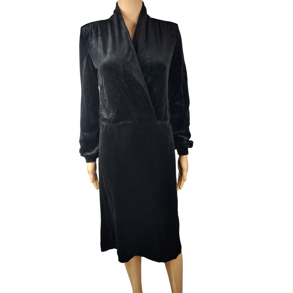 1970s Black Disco Era Velveteen Faux Wrap Midi Dress Long Sleeve Size Small